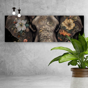 Leinwandbild Elefant Boho mit Blumen Panorama