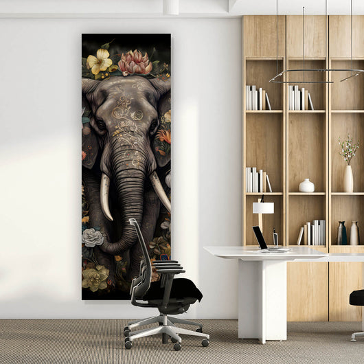 Leinwandbild Elefant Boho mit Blumen Panorama Hoch