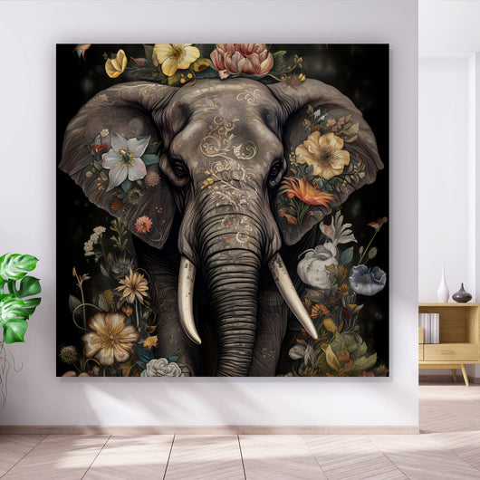Leinwandbild Elefant Boho mit Blumen Quadrat