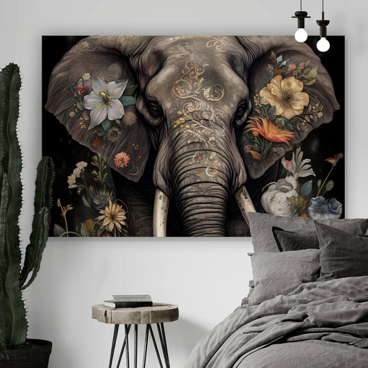 Leinwandbild Elefant Boho mit Blumen Querformat