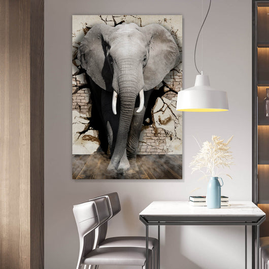 Aluminiumbild gebürstet Elefant kommt aus der Wand Hochformat