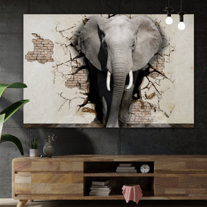 Leinwandbild Elefant kommt aus der Wand Querformat