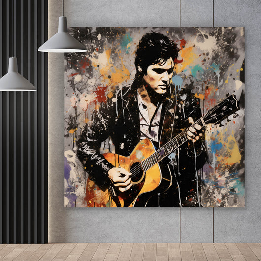 Spannrahmenbild Elvis Presley mit Gitarre Abstrakt Quadrat