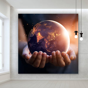 Poster Erde bei Nacht in Händen Quadrat