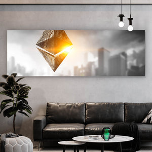 Aluminiumbild gebürstet Ethereum Symbol mit Stadt im Hintergrund Panorama