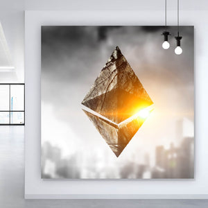 Spannrahmenbild Ethereum Symbol mit Stadt im Hintergrund Quadrat