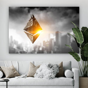 Aluminiumbild Ethereum Symbol mit Stadt im Hintergrund Querformat