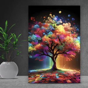 Acrylglasbild Fantasie Baum in knalligen Farben Hochformat