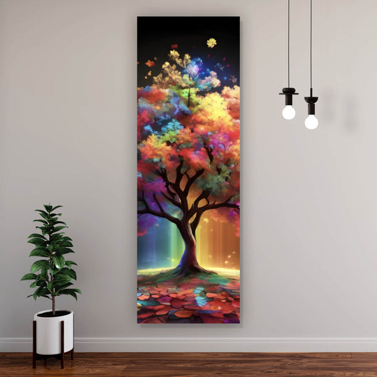 Acrylglasbild Fantasie Baum in knalligen Farben Panorama Hoch