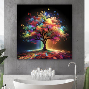 Aluminiumbild Fantasie Baum in knalligen Farben Quadrat