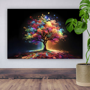 Aluminiumbild gebürstet Fantasie Baum in knalligen Farben Querformat