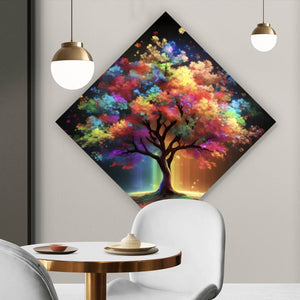 Aluminiumbild Fantasie Baum in knalligen Farben Raute