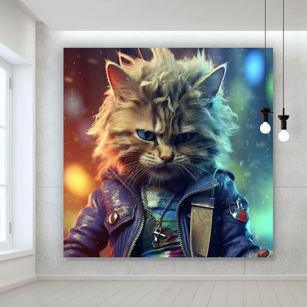 Digial At Leinwandbild Fantasie Katze als Rebell Digital Art im Quadrat ...