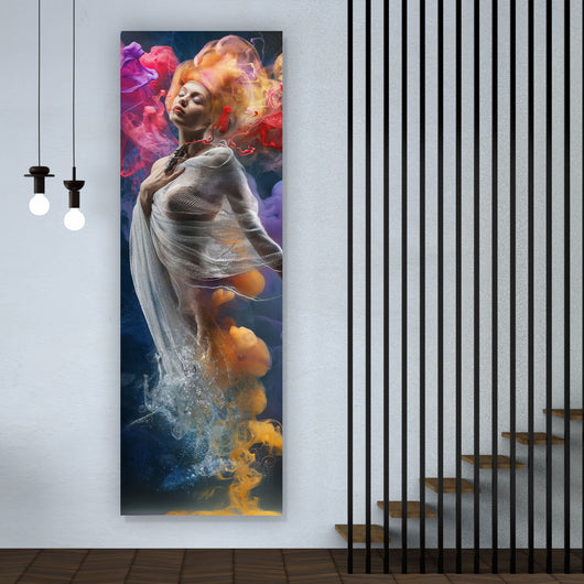 Aluminiumbild Digital Art Frau im bunten Wasser Panorama Hoch