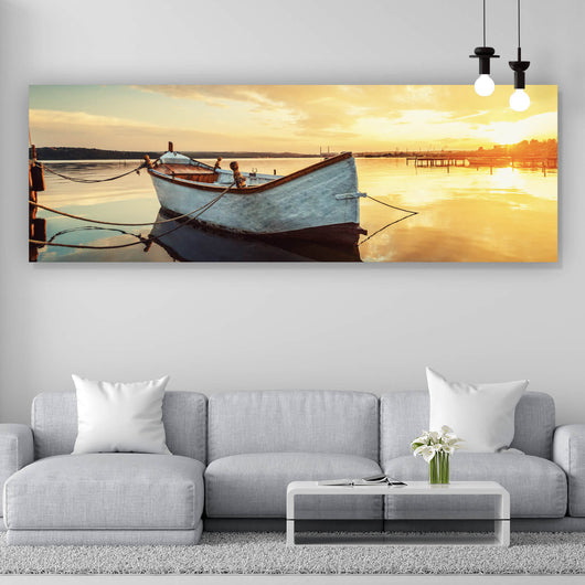 Leinwandbild Fischerboot bei Sonnenaufgang Panorama