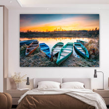 Lade das Bild in den Galerie-Viewer, Acrylglasbild Fischerboote an einem Herbstmorgen Querformat
