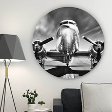 Lade das Bild in den Galerie-Viewer, Aluminiumbild gebürstet Flugzeug Schwarz Weiß Kreis
