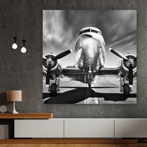 Spannrahmenbild Flugzeug Schwarz Weiß Quadrat