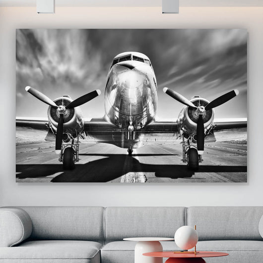 Aluminiumbild Flugzeug Schwarz Weiß Querformat