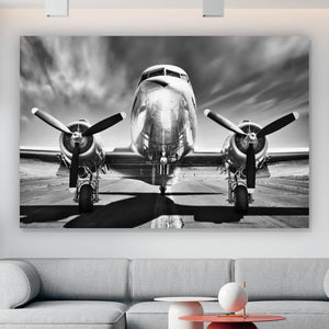 Spannrahmenbild Flugzeug Schwarz Weiß Querformat