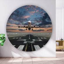 Lade das Bild in den Galerie-Viewer, Aluminiumbild gebürstet Flugzeug vor Sonnenuntergang Kreis
