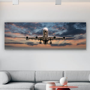 Poster Flugzeug vor Sonnenuntergang Panorama