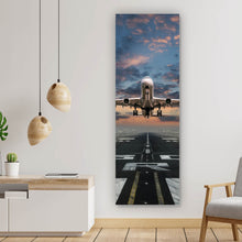 Lade das Bild in den Galerie-Viewer, Aluminiumbild Flugzeug vor Sonnenuntergang Panorama Hoch
