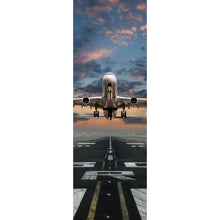 Lade das Bild in den Galerie-Viewer, Aluminiumbild gebürstet Flugzeug vor Sonnenuntergang Panorama Hoch
