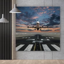 Lade das Bild in den Galerie-Viewer, Aluminiumbild Flugzeug vor Sonnenuntergang Quadrat
