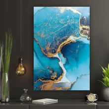Lade das Bild in den Galerie-Viewer, Aluminiumbild gebürstet Fluid Art Blau Gold Hochformat
