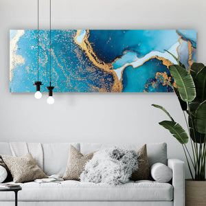 Leinwandbild Fluid Art Blau Gold Panorama