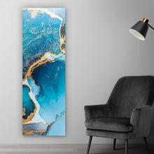 Lade das Bild in den Galerie-Viewer, Aluminiumbild Fluid Art Blau Gold Panorama Hoch
