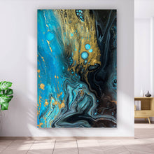 Lade das Bild in den Galerie-Viewer, Spannrahmenbild Fluid Art Blau Schwarz Gold Hochformat
