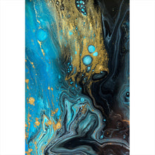 Lade das Bild in den Galerie-Viewer, Aluminiumbild gebürstet Fluid Art Blau Schwarz Gold Hochformat
