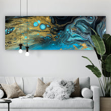Lade das Bild in den Galerie-Viewer, Leinwandbild Fluid Art Blau Schwarz Gold Panorama

