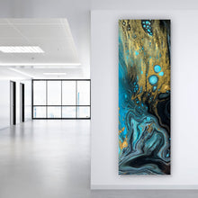 Lade das Bild in den Galerie-Viewer, Aluminiumbild Fluid Art Blau Schwarz Gold Panorama Hoch
