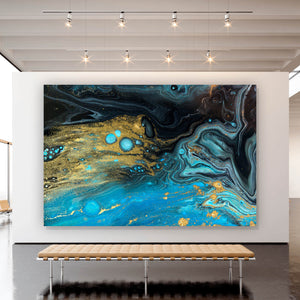 Leinwandbild Fluid Art Blau Schwarz Gold Querformat