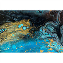 Lade das Bild in den Galerie-Viewer, Aluminiumbild gebürstet Fluid Art Blau Schwarz Gold Querformat
