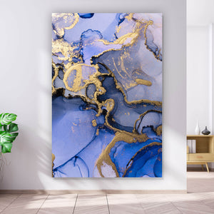 Leinwandbild Fluid Art Königsblau mit Gold Hochformat
