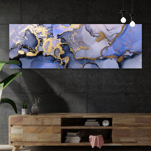 Poster Fluid Art Königsblau mit Gold Panorama
