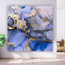 Lade das Bild in den Galerie-Viewer, Aluminiumbild Fluid Art Königsblau mit Gold Quadrat
