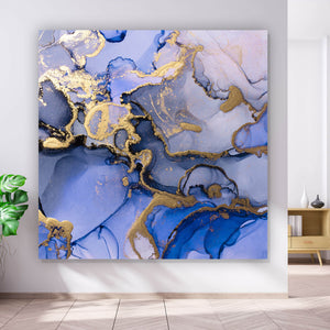 Spannrahmenbild Fluid Art Königsblau mit Gold Quadrat