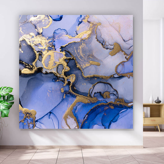 Leinwandbild Fluid Art Königsblau mit Gold Quadrat