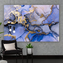 Lade das Bild in den Galerie-Viewer, Aluminiumbild Fluid Art Königsblau mit Gold Querformat
