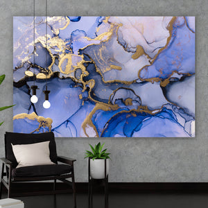 Aluminiumbild Fluid Art Königsblau mit Gold Querformat