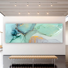 Lade das Bild in den Galerie-Viewer, Aluminiumbild gebürstet Fluid Art Pastell mit Gold Panorama
