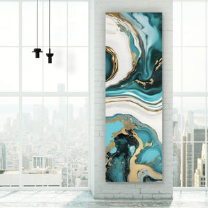 Aluminiumbild gebürstet Fluid Art Türkis gold Panorama Hoch