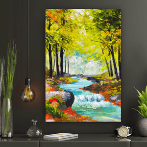 Aluminiumbild Fluss im Herbstwald Gemälde Hochformat