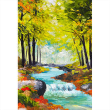 Lade das Bild in den Galerie-Viewer, Aluminiumbild Fluss im Herbstwald Gemälde Hochformat
