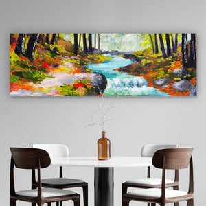 Spannrahmenbild Fluss im Herbstwald Gemälde Panorama
